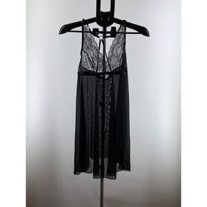 Hanky Panky Black Mesh Lace Babydoll Chemise Gold Metallic High Low Lingerie L L
